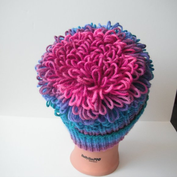 Hand Knitted Hat Toque Adult Size - L-M  Acrylic Pink/Blue-026B Hand knit by me - Picture 4 of 8